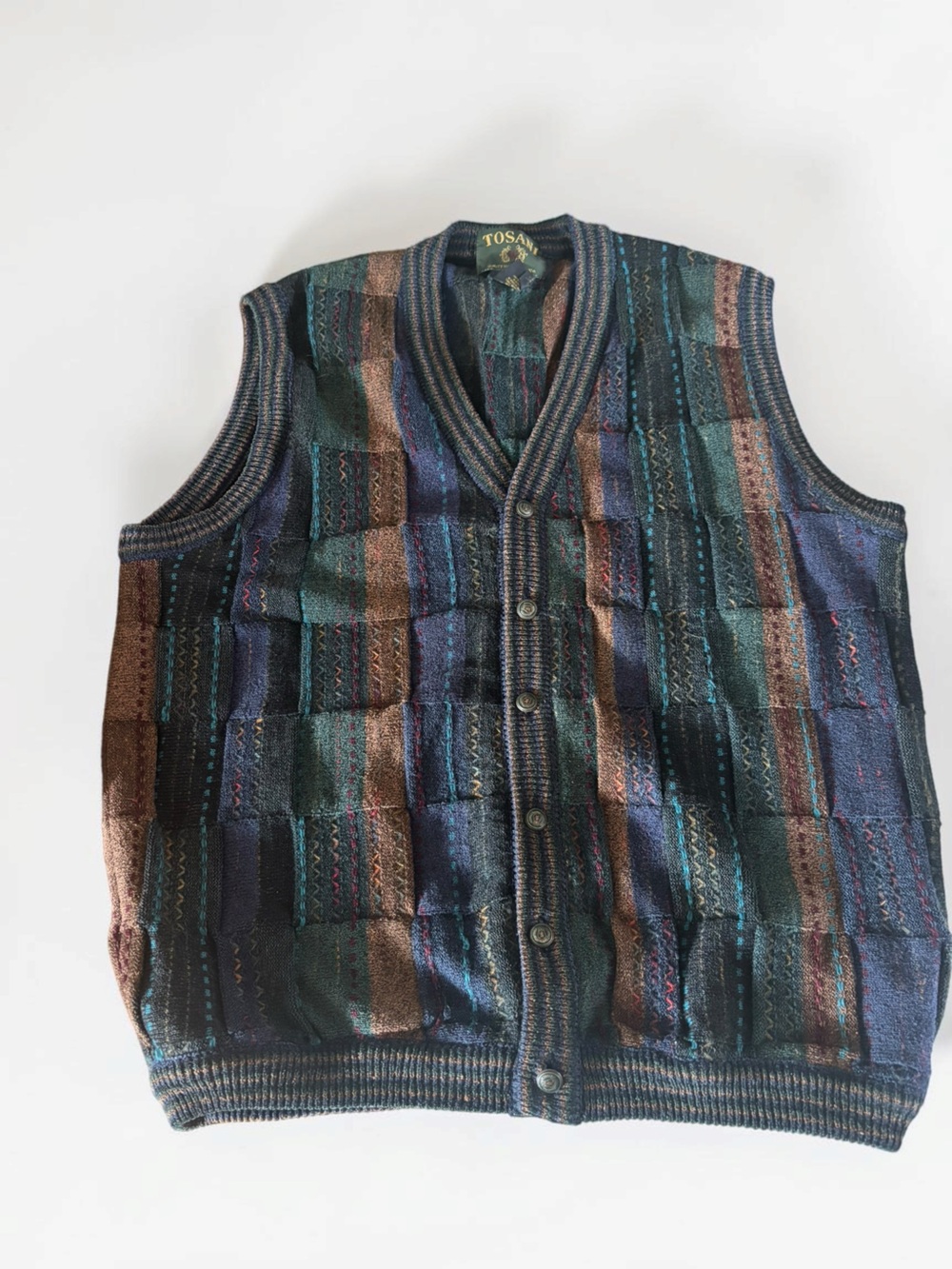 Vintage Tosani Canada XL Knit Sweater Vest 45% Wool Patchwork Grandpa 90s